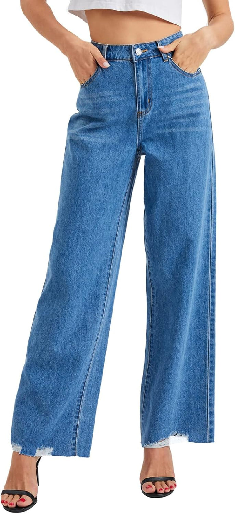 Girl'S Womens Casual Straight Leg Jeans Jeans High Waist Wide Leg Denim Boyfriend Crop Pants